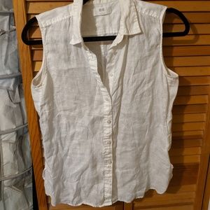 linen sleeveless collared button-down